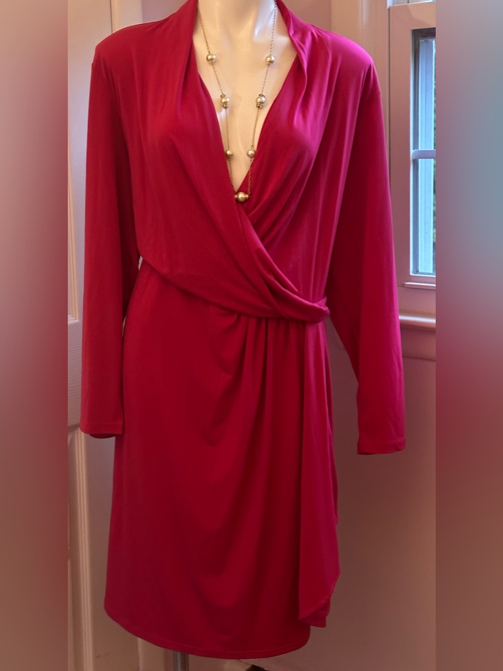 JACLYN SMITH Dark Pink Wrap-Front Long-Sleeve Dress in